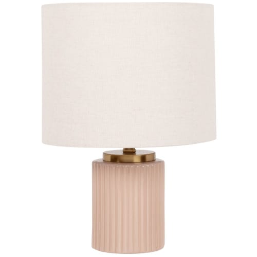 Lámpara de cerámica rosa con pantalla de algodón blanco