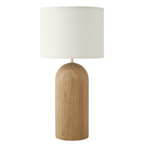 Lampe aus Eichenholz mit Lampenschirm aus weißer Baumwolle