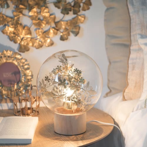 Lampe boule en verre imprimé feuilles et pin Lampe boule en verre imprimé feuilles et pin