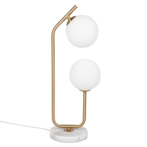 Lampe deux globes en verre et métal doré, socle en marbre blanc | Maisons du Monde