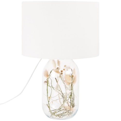 Lampe en verre avec fleurs séchées et abat-jour en coton blanc