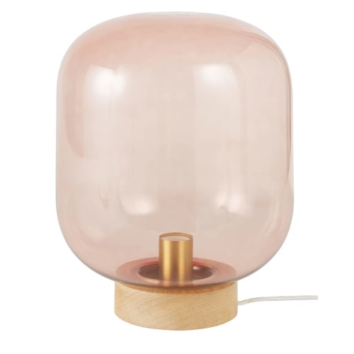 Lampe globe en verre teinté rose et frêne