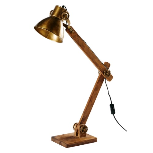 Business Lampen und dekorationsgegenstände | Lampe mit Gelenkarm aus goldfarbenem Metall in Antikoptik und Mangoholz - MB11882