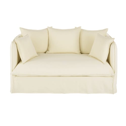 Leinen-hochwertigem-Bezug für 2-Sitzer-Sofa, elfenbeinfarben