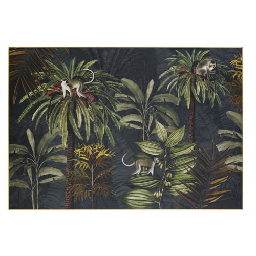 Leinwanddruck mit schwarzem und grünem Dschungelmotiv und Holzrahmen, 130x90cm