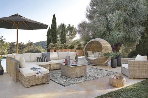 Letto Da Giardino Rotondo In Resina Intrecciata E Cuscini Ecru Sardaigne Maisons Du Monde