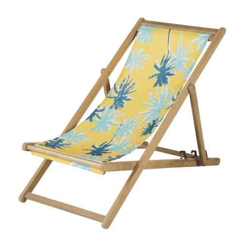 Ligstoel van massief acaciahout en stof met gele en blauwe motieven Panama | Maisons