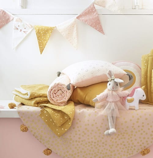 Móvil musical para bebé de algodón rosa, blanco y dorado LICORNE