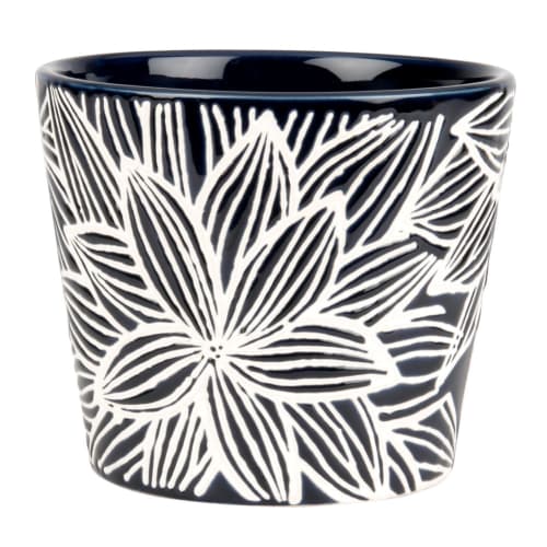 Macetero de gres azul pato con motivos decorativos vegetales tallados