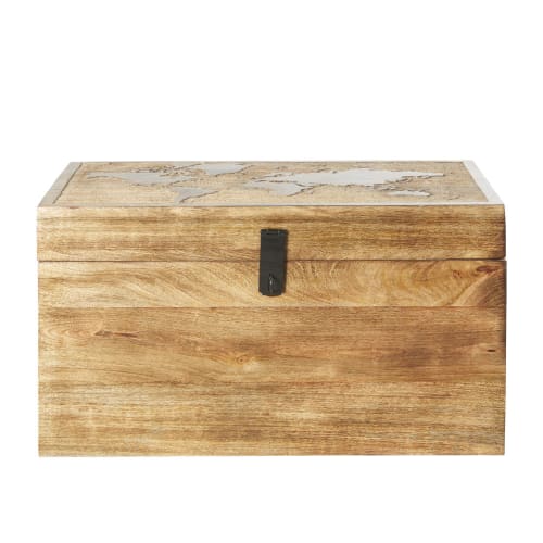 Möbel Aufbewahrungsboxen und Truhen | Mangoholzkoffer mit Weltkartenmotiv in Reliefoptik - WK11771