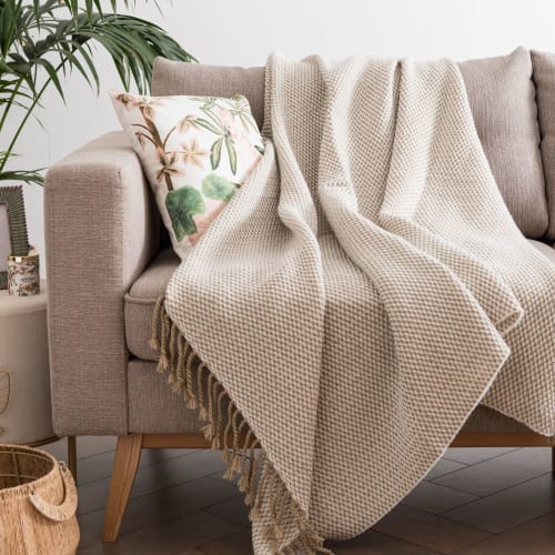 Manta bege e branca com franjas 130x170 PALANI | Maisons du Monde