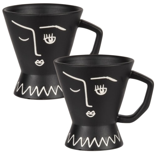 Matte Black Porcelain Cup with White Print - Set of 2