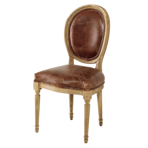 Business Stühle und Hocker | Medaillonstuhl aus Leder und massiver Eiche, braun - JO49978