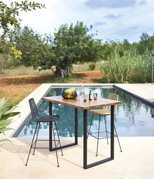 Mesa alta de jardín de acacia maciza y acero negro para 6 personas L