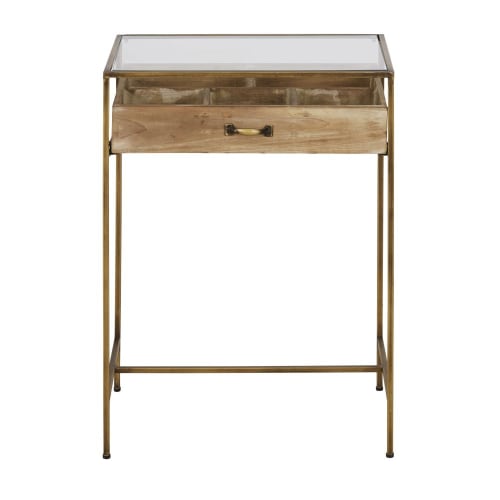 Muebles Mesas auxiliares | Mesa auxiliar con 1 cajón de madera de abeto, cristal y metal dorado - RT51676