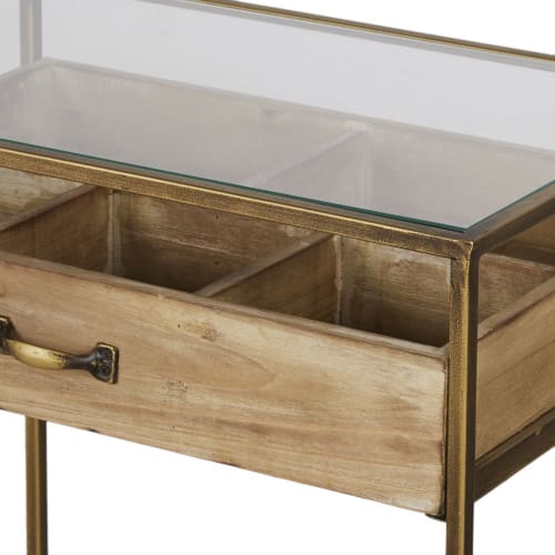 Muebles Mesas auxiliares | Mesa auxiliar con 1 cajón de madera de abeto, cristal y metal dorado - RT51676