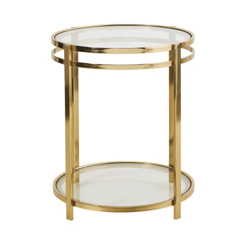 Mesa auxiliar doble con tableros de cristal y metal dorado