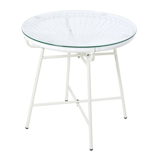 Mesa baja de jardín de resina blanca y cristal Copacabana | Maisons du
