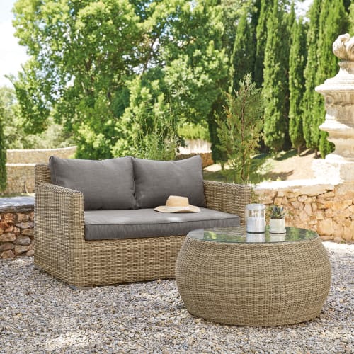 Mesa baja de jardín de vidrio templado y resina trenzada L. 92 cm St