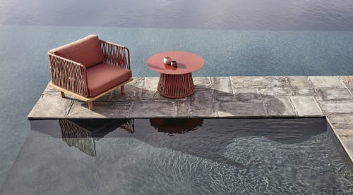 Mesa baja redonda de jardín de cristal templado y metal terracota