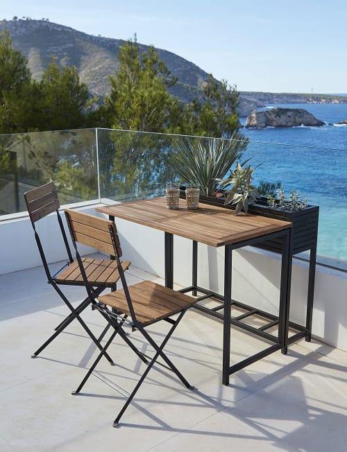 Mesa de jardín con 2 sillas de acacia maciza y metal negro Calathea