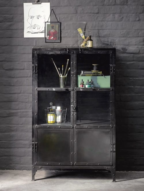 Metal Industrial Glazed Cabinet In Black W 75cm Edison Maisons