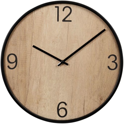 Minimalistic beige wood and black metal clock D40cm