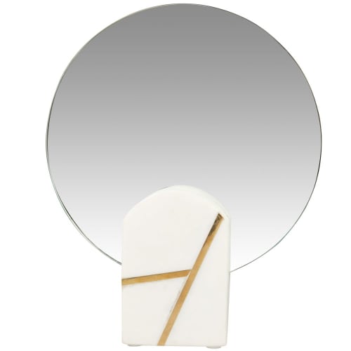 Miroir à poser et support en marbre blanc et doré 20x29