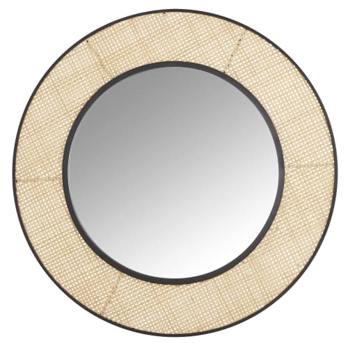 Miroir en rotin tressé beige et métal noir D109 | Maisons du Monde