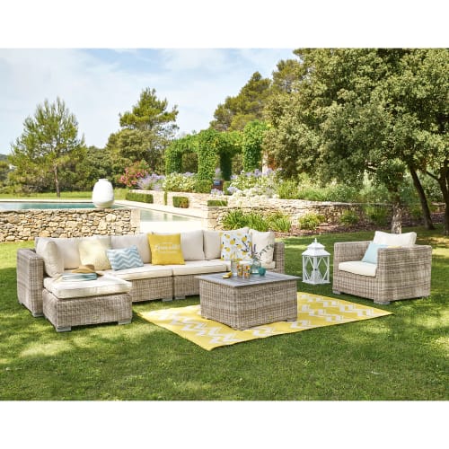 Garten Sitzelemente für den Garten | Modulare Gartensofa-Eckelement aus geflochtenem Kunstharz in Beige mit naturweißen Kissen - AV22788