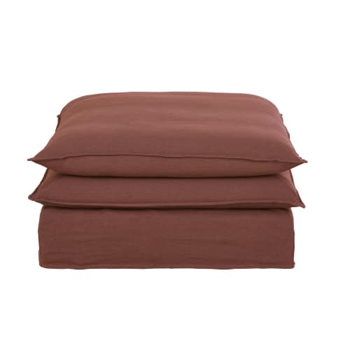 Modulare Sofa-Hockerelement mit dickem rhabarberrotem Leinenbezug