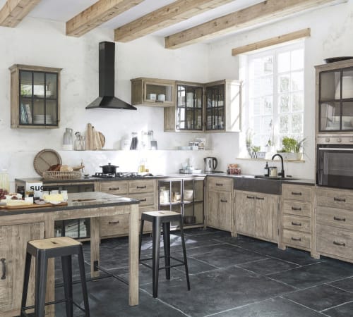 Berenjena puerta Adaptabilidad Mueble de cocina de columna para horno con 1 puerta acristalada y 3 cajones  de pino reciclado Greta | Maisons du Monde
