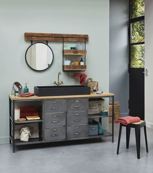 Mueble de lavabo doble industrial de metal gris y mango macizo Alister