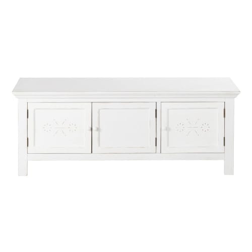Mueble de TV con 3 puertas y motivos decorativos en relieve blanco con