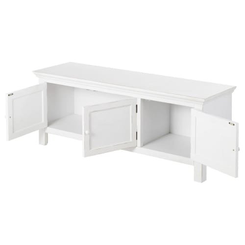 Mueble de TV con 3 puertas y motivos decorativos en relieve blanco con