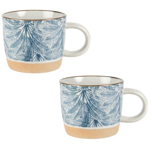 Mug en faïence blanche motif feuillage bleu - Lot de 2