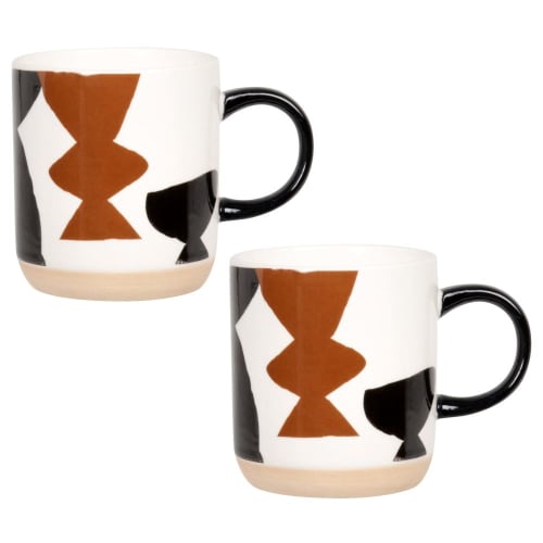 Mug en grès à formes géométriques blanches, marrons, noires - Lot de 2