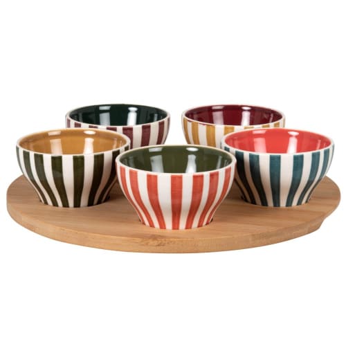 Multicoloured stoneware appetiser dishes (x5) with bamboo tray