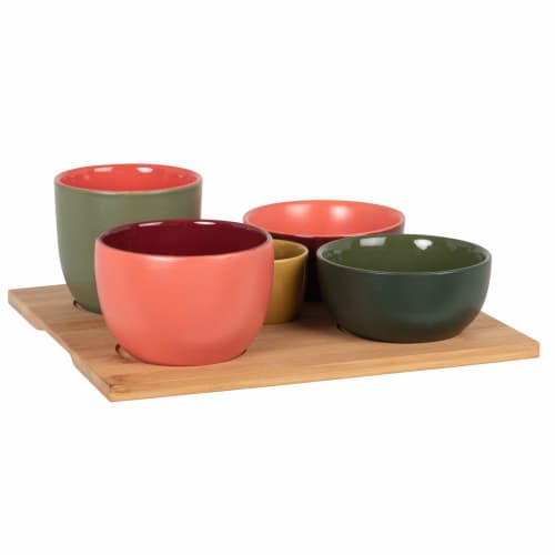 Multicoloured stoneware appetiser dishes (x5) with bamboo tray