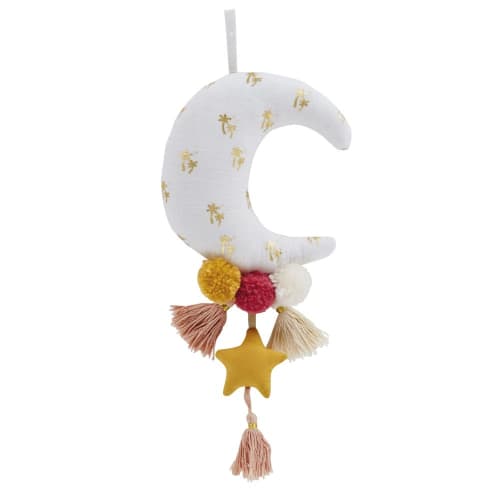 Multicoloured wall art with moon, pom poms and star 6x17cm