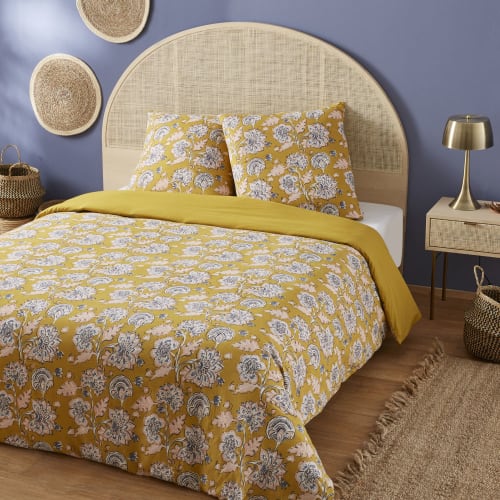 Mustard Yellow Cotton Bed Linen With Floral Print 220x240 Boho