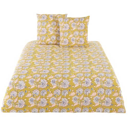 Mustard Yellow Cotton Bed Linen With Floral Print 220x240 Boho