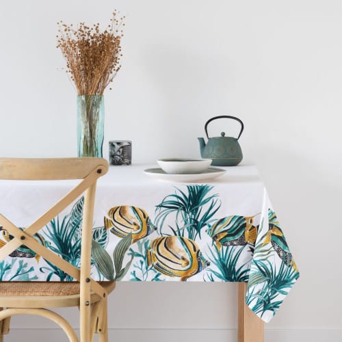 Soft furnishings and rugs Tablecloths & napkins | Organic cotton tablecloth with ecru, green and yellow print, OEKO-TEX® 150x250cm - RC28053
