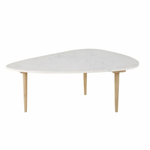 Möbel Couchtische | Ovaler Couchtisch aus weißem Marmor und massivem Mangoholz - QV04622