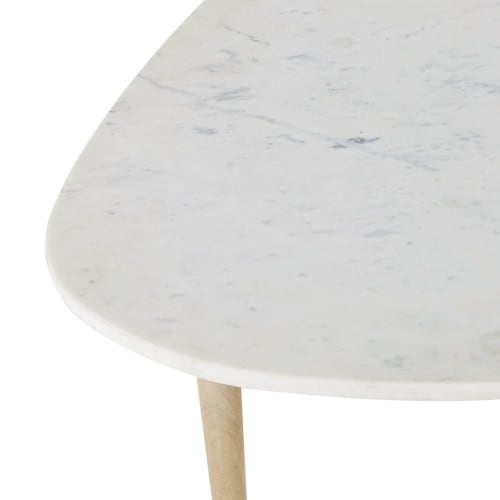 Möbel Couchtische | Ovaler Couchtisch aus weißem Marmor und massivem Mangoholz - QV04622