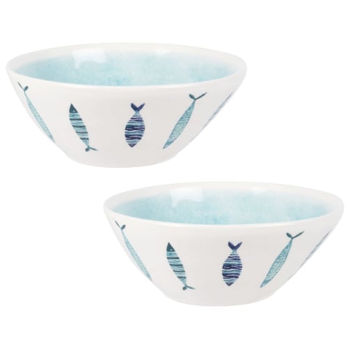 Pale Blue and White Earthenware Bowl with Fish Print - Set of 2