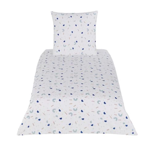Parure da letto bambino in cotone blu, bianco e beige stampato 140x200 cm