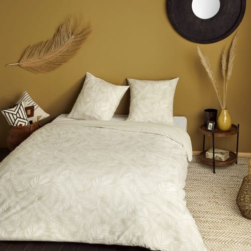 Parure de lit en coton lavé écru et beige imprimé 240x260