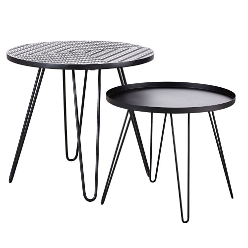Outdoor collection Outdoor coffee tables | Patterned Tile and Black Metal Garden Coffee Tables (x2) - OP83190
