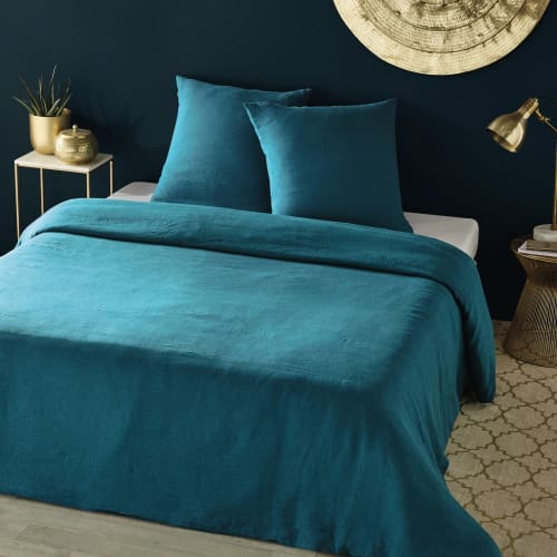 Peacock Blue Washed Linen Bedding Set 220x240